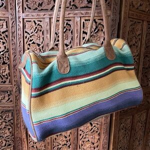 VINTAGE Baja blanket style woven cotton and leather Tote Bag